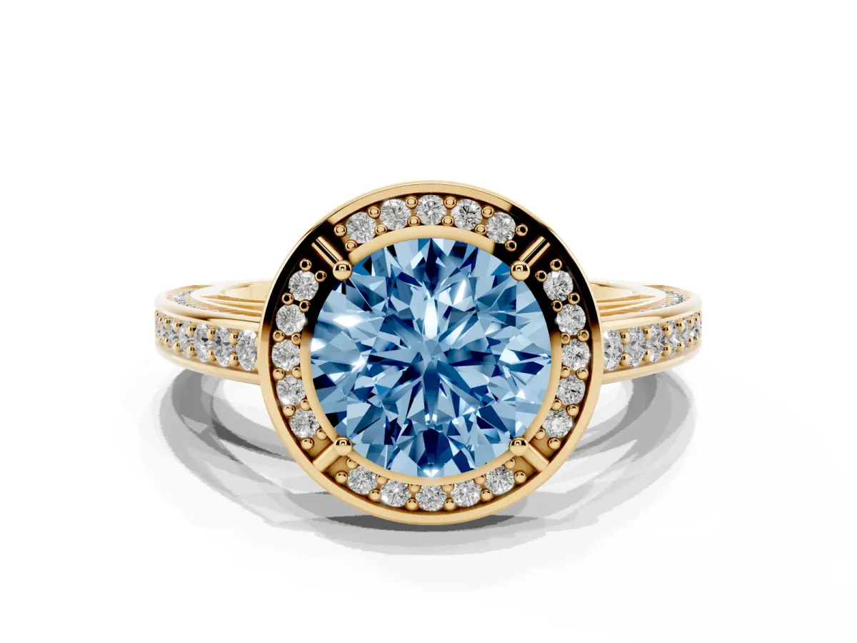 Fancy Blue Round Cut Cut Halo Pave Split Shank Prong Setting Ring Yellow gold