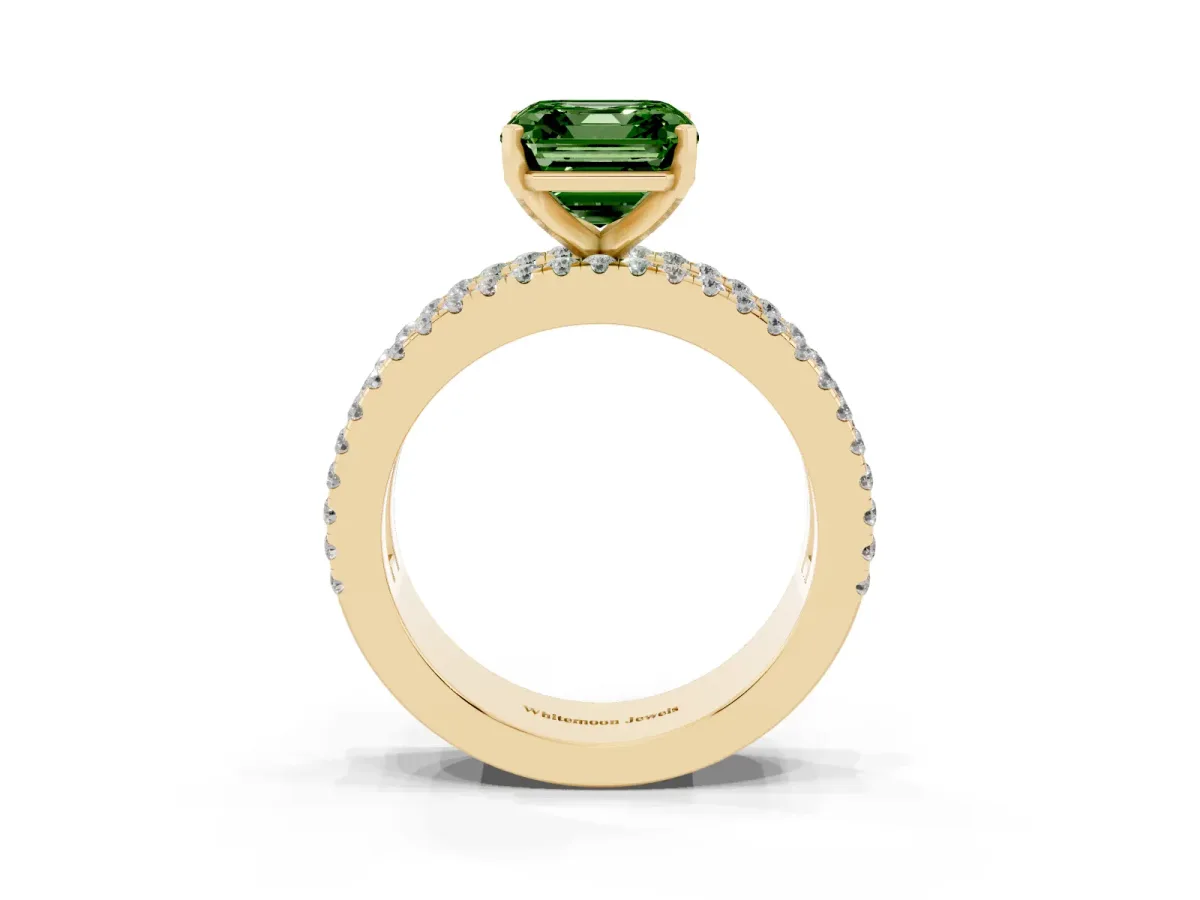 Fancy Green Asscher Cut Diamond Solitaire Ring with Pavé and Channel Set Band Yellow gold