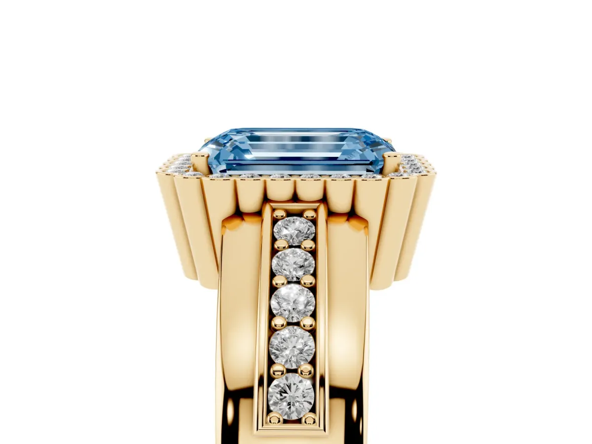 Fancy Blue Emerald Cut Cut Halo Pave Band Four-Prong Ring Yellow gold