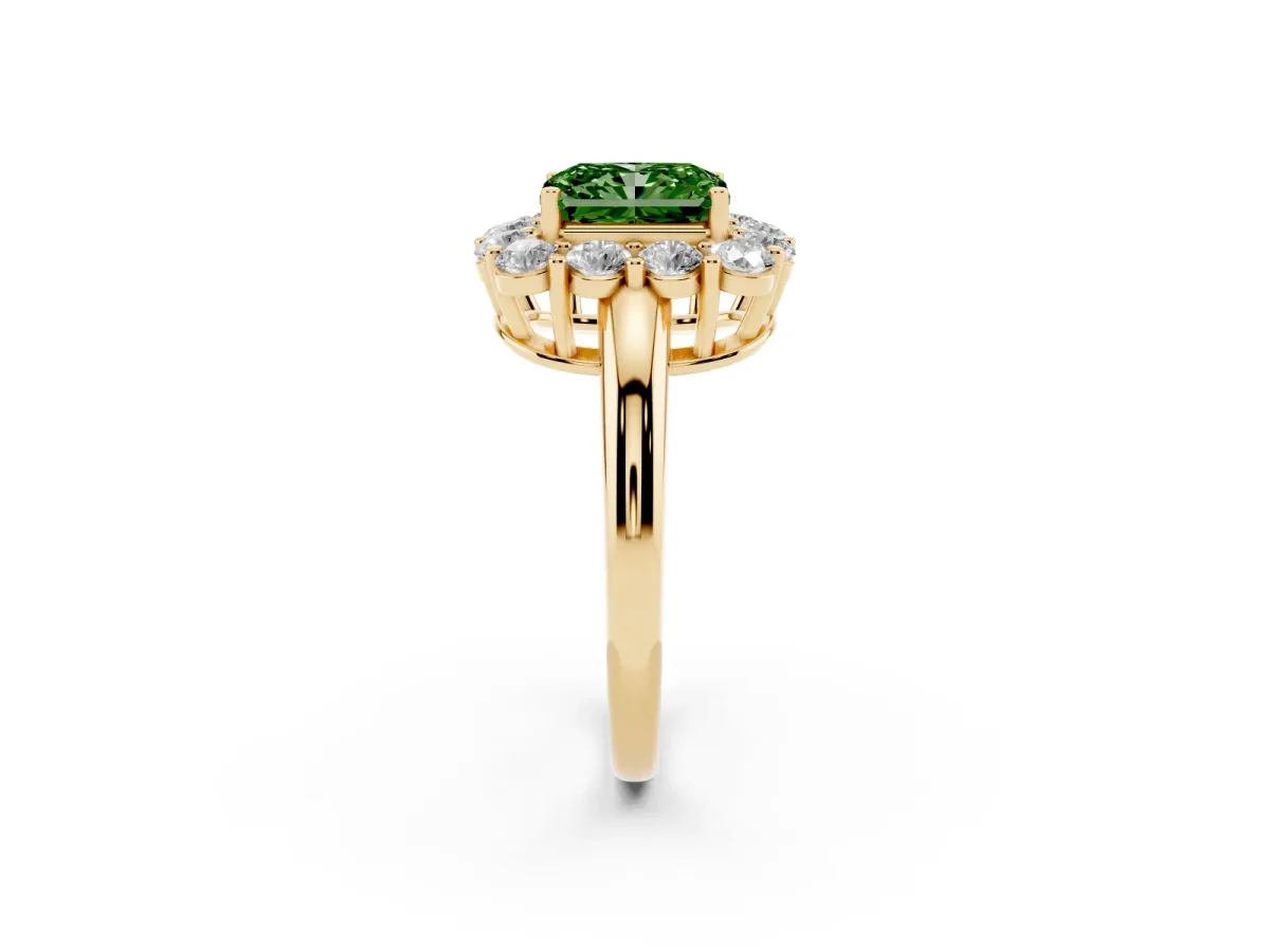Fancy Green Radiant Cut Halo Cluster Diamond Engagement Ring with Prong Setting and Polished Band Yellow gold