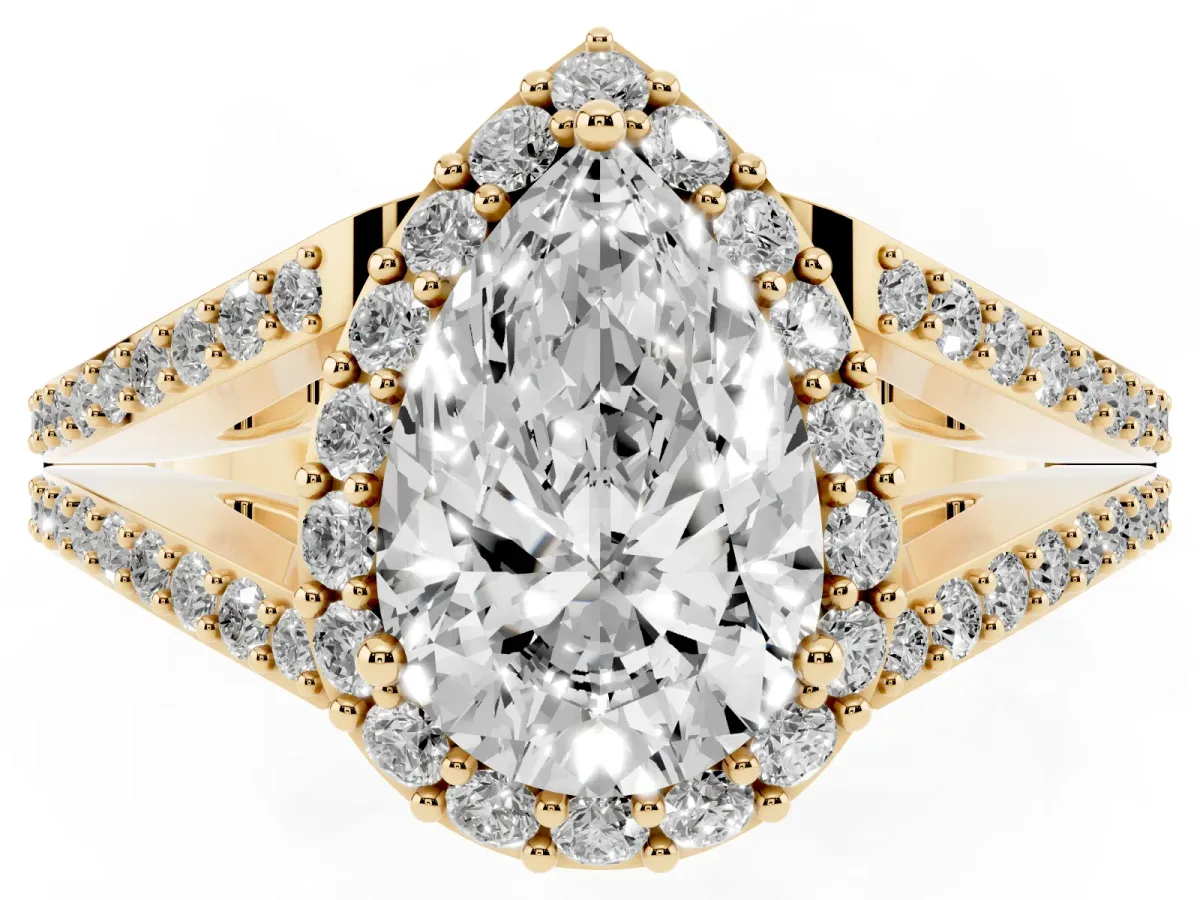 Pear Cut Halo Split Shank Diamond Ring with Prong Setting Yellow gold