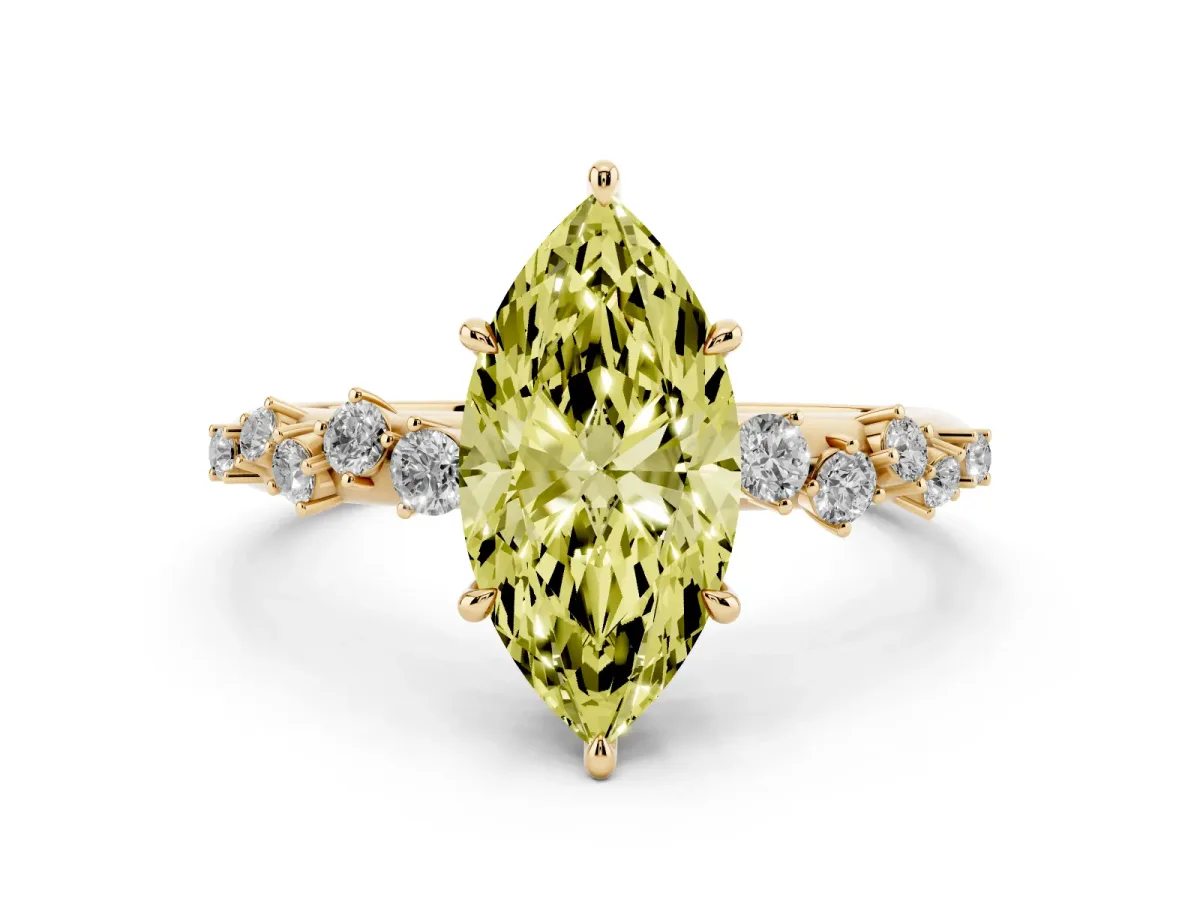 Fancy Yellow Marquise Cut Diamond Cluster Side Stone Solitaire Ring with Prong Setting Yellow gold