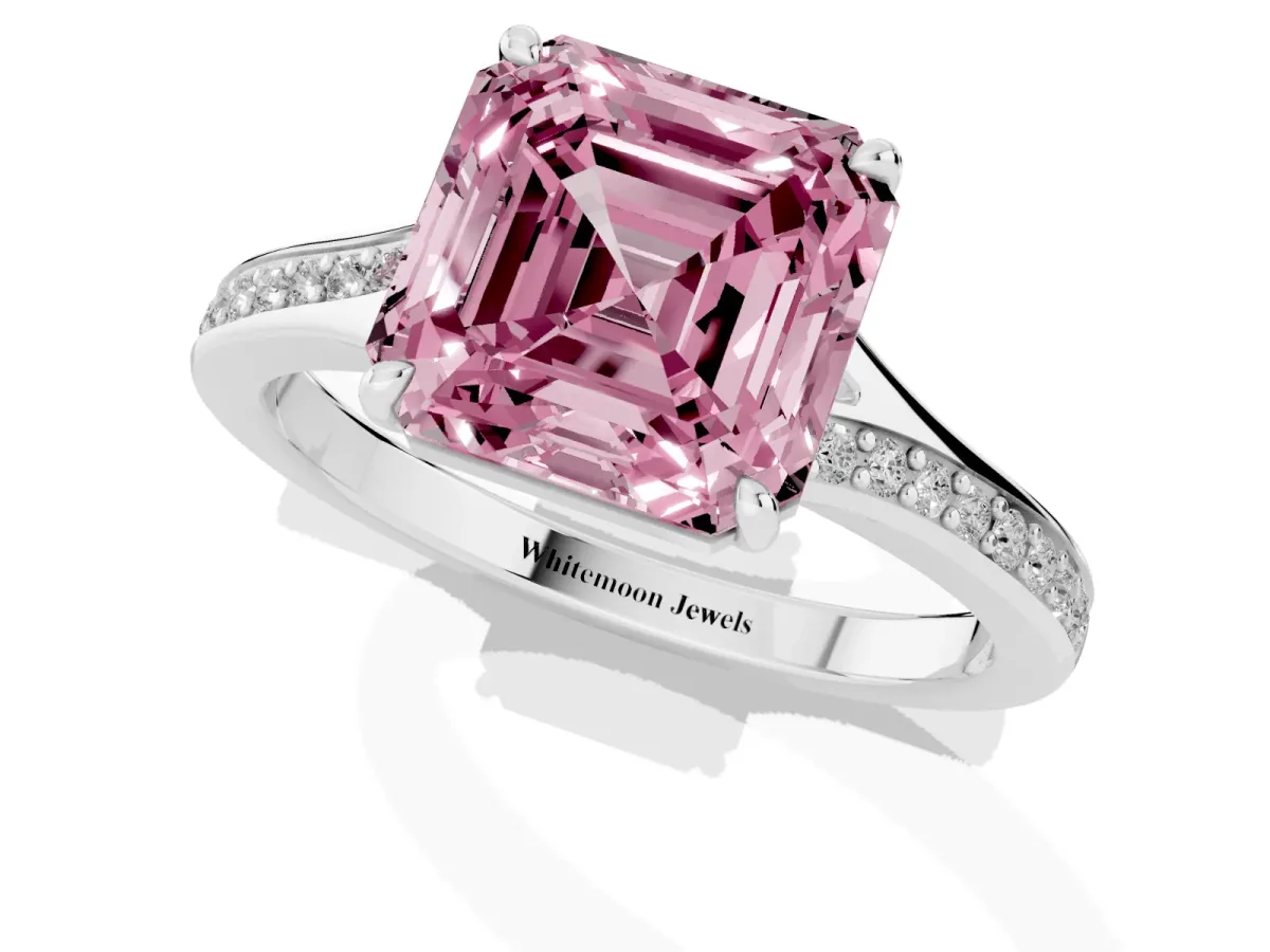 Fancy Pink Asscher Cut Diamond Solitaire Ring with Pavé Band and Prong Setting Silver