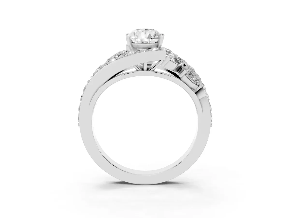 Pear Cut Diamond Halo Ring with Marquise and Pavé Band in Prong Setting Platinum