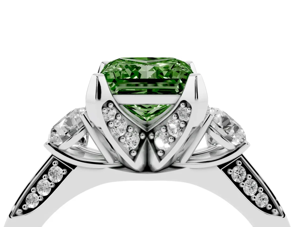 Fancy Green Princess Cut Brilliant Three-Stone Diamond Ring with Pavé Band and Four-Prong Setting Silver