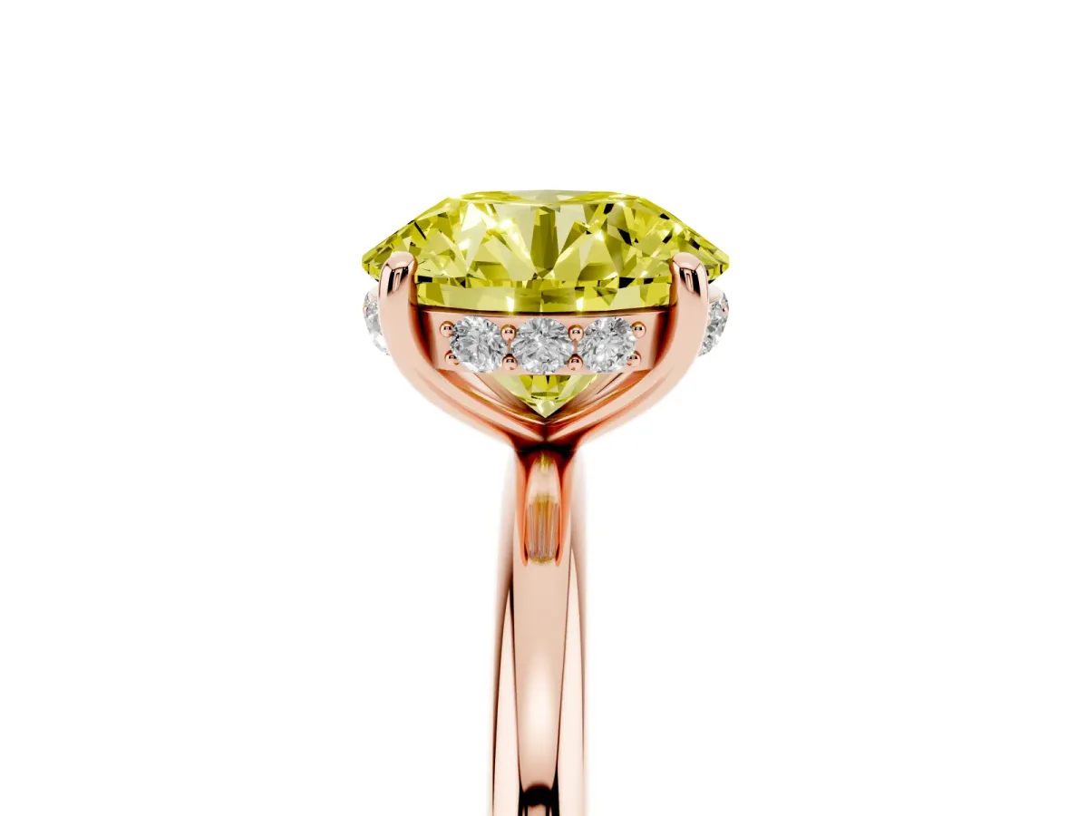 Fancy Yellow Round Cut Solitaire Diamond Ring with a Classic Band and Four-Prong Setting Rose gold