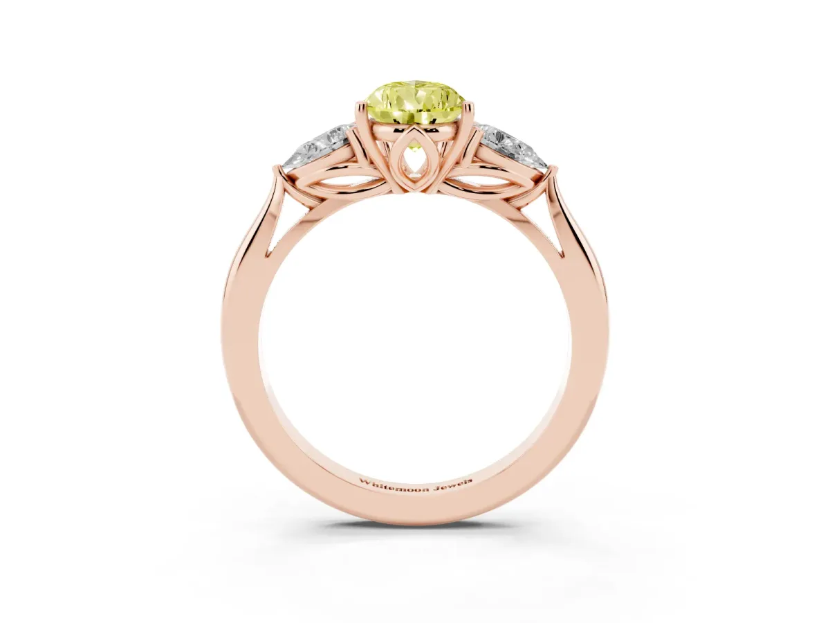 Fancy Yellow Three-Stone Pear Cut Brilliant Diamond Solitaire Ring with Tapered Band and Four-Prong Setting Rose gold