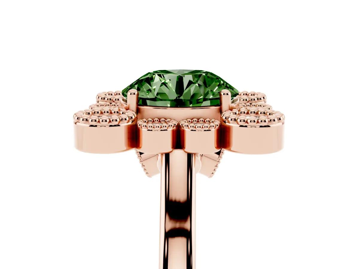 Fancy Green Round Cut Halo Diamond Cluster Engagement Ring with Milgrain Bezel Setting and Solitaire Band Rose gold