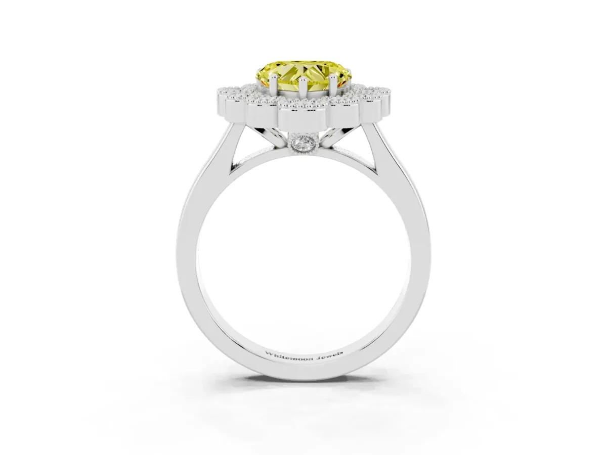 Fancy Yellow Heart Cut Halo Diamond Cluster Engagement Ring with Milgrain Bezel Setting and Solitaire Band Silver
