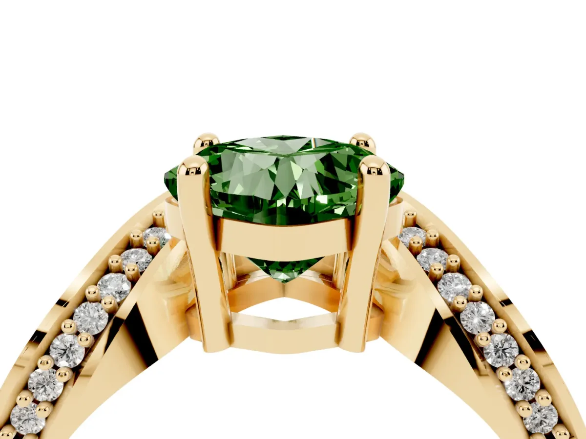 Fancy Green Cushion Cut Solitaire Diamond Engagement Ring with Pave Band and Four-Prong Setting Yellow gold