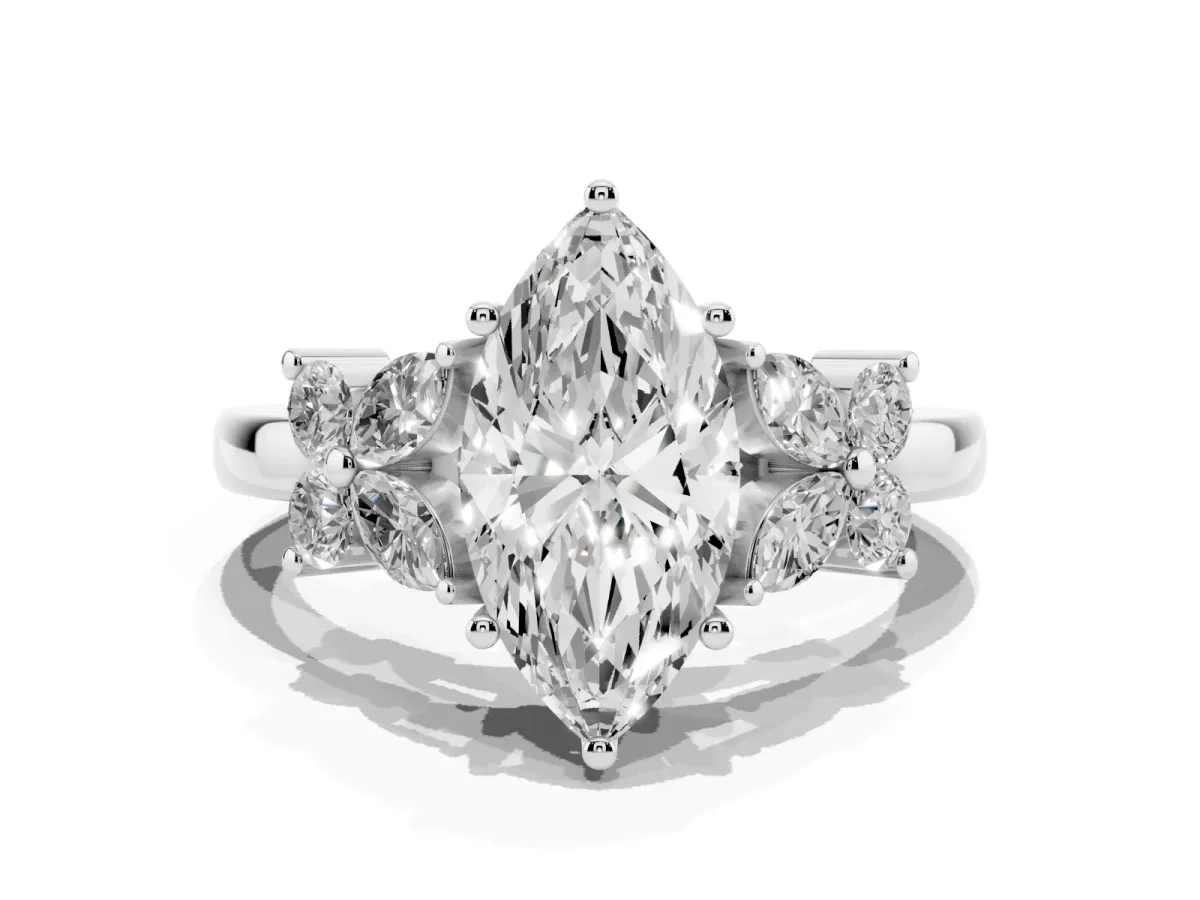 Marquise Cut Diamond Floral Cluster Ring with Solitaire Band and Prong Setting Silver