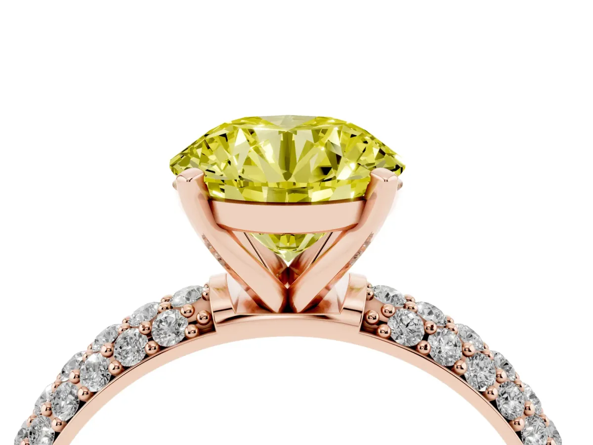 Fancy Yellow Round Cut Diamond Solitaire Ring with Prong Setting and Pavé Band Rose gold