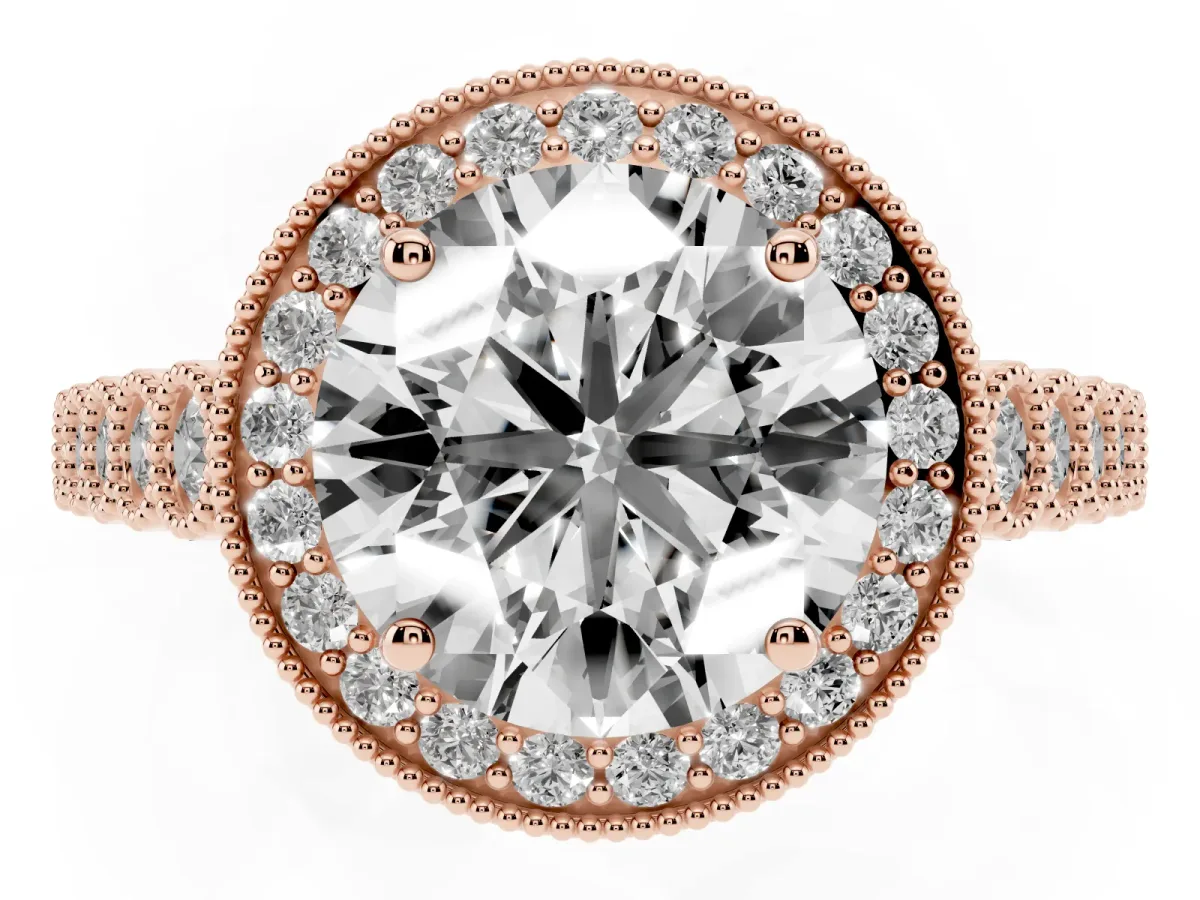 Round Cut Halo Milgrain Solitaire with Bezel Set Side Stones and Pave Band Rose gold