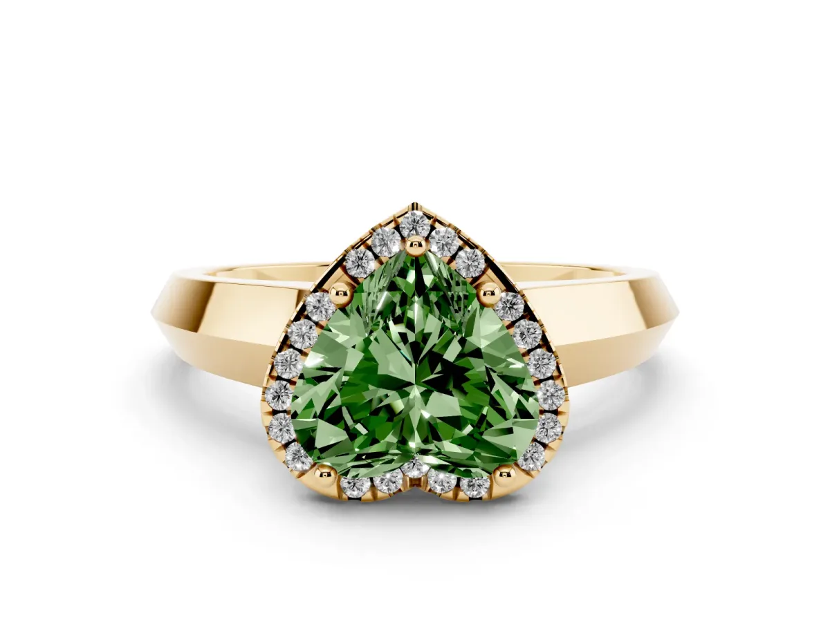 Fancy Green Heart Cut Halo Diamond Ring with Cathedral Band and Four-Prong Setting Yellow gold