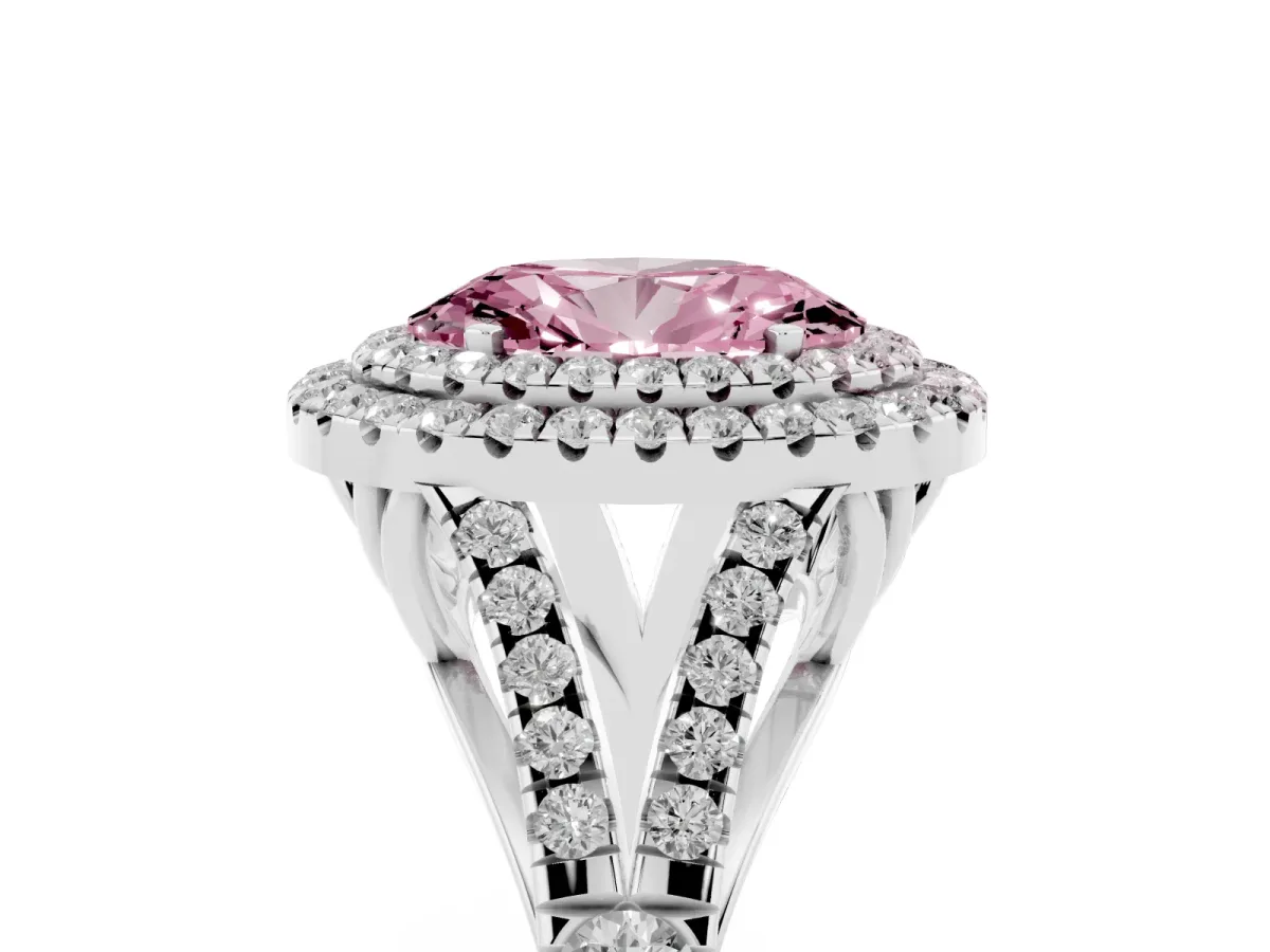 Fancy Pink Oval Cut Cut Double Halo Split Shank Diamond Ring with Prong Setting White gold