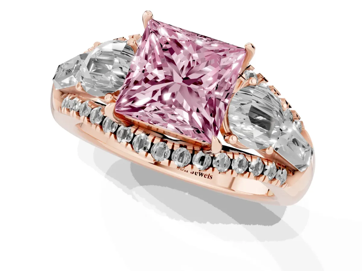 Fancy Pink Three-Stone Princess Cut Diamond Engagement Ring with Pave Band and Prong Setting Rose gold