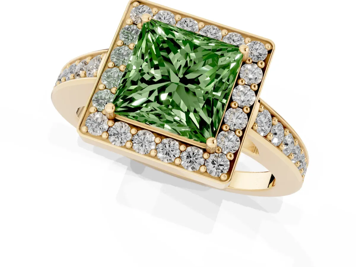 Fancy Green Princess Cut Halo Pavé Diamond Engagement Ring with Bezel Setting Yellow gold