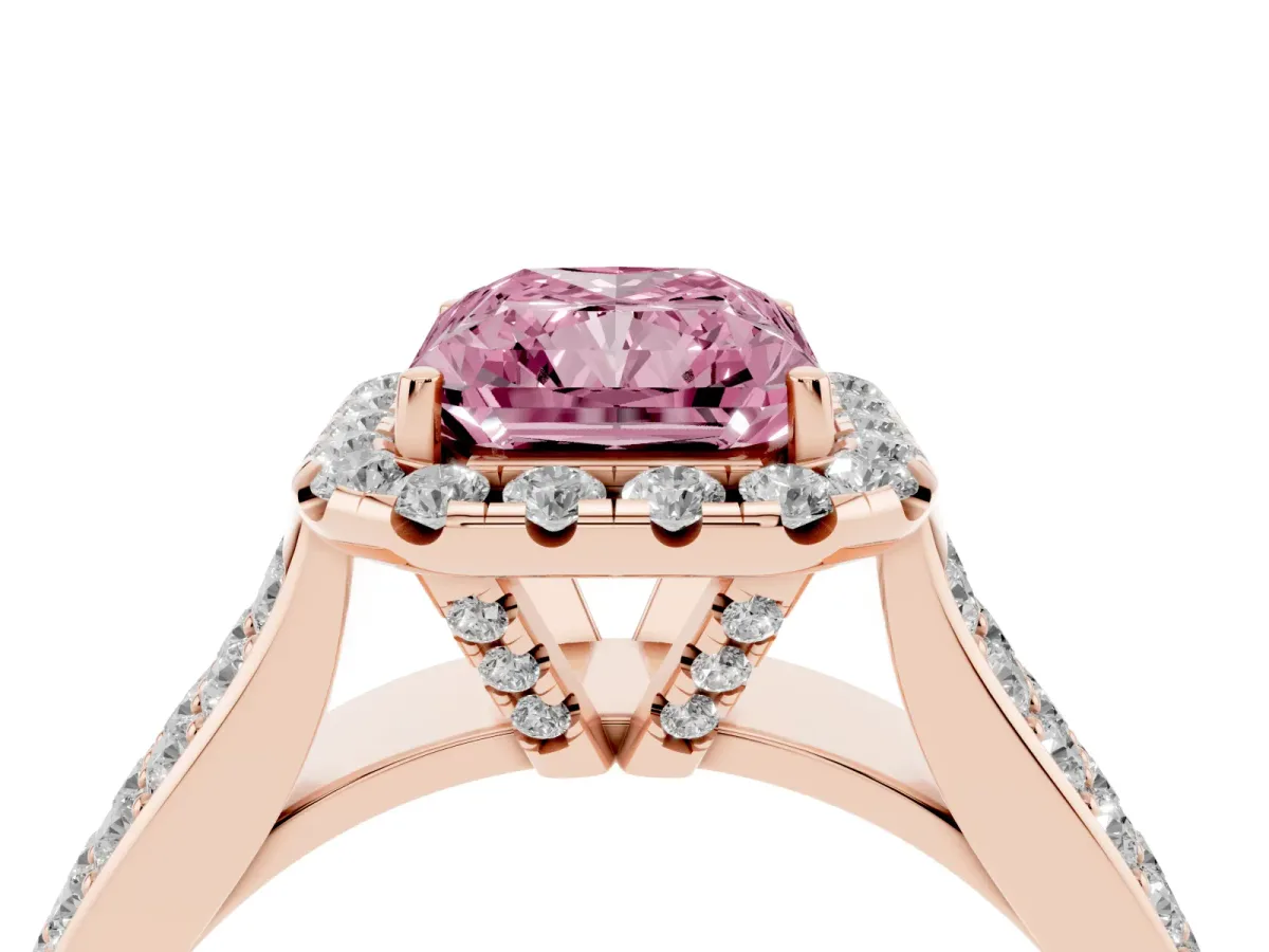 Fancy Pink Radiant Cut Halo Round Diamond Pave Band with Prong Setting Rose gold