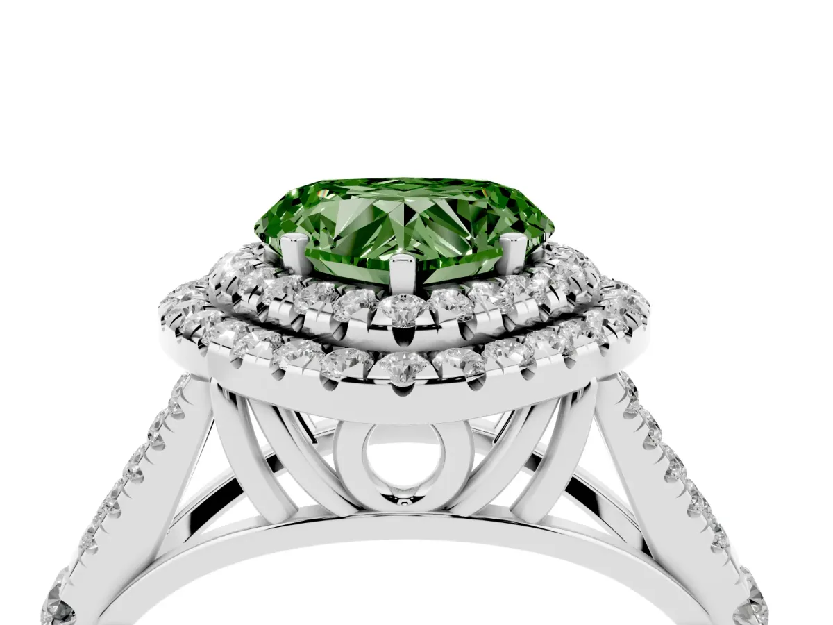 Fancy Green Double Halo Heart Cut Diamond Split Shank Engagement Ring with Four-Prong Setting Silver