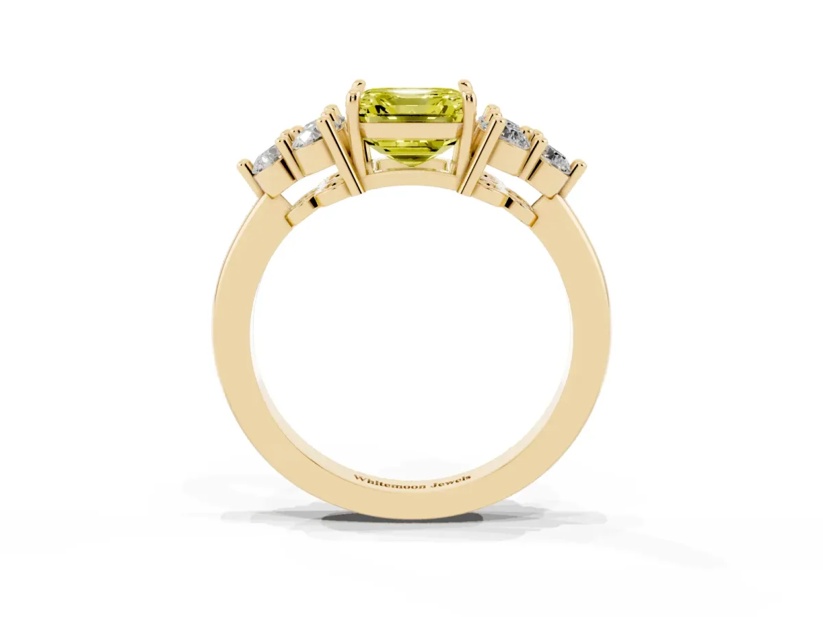 Fancy Yellow Asscher Cut Brilliant Diamond Cluster Accent Solitaire Ring with Prong Setting Yellow gold