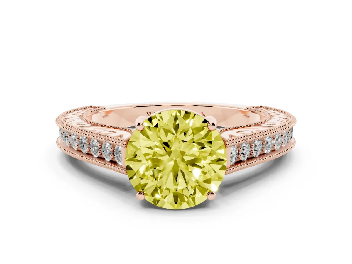 Fancy Yellow Round Cut Cut Pave Band Milgrain Solitaire Ring Rose gold