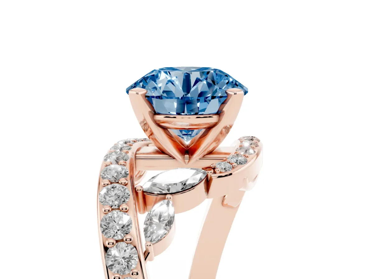Fancy Blue Round Cut Solitaire with Pavé Twist Band and Four-Prong Setting Rose gold