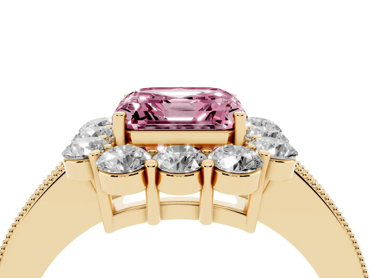 Fancy Pink Asscher Cut Cut Halo Diamond Pavé Engagement Ring with Milgrain Detailing Yellow gold