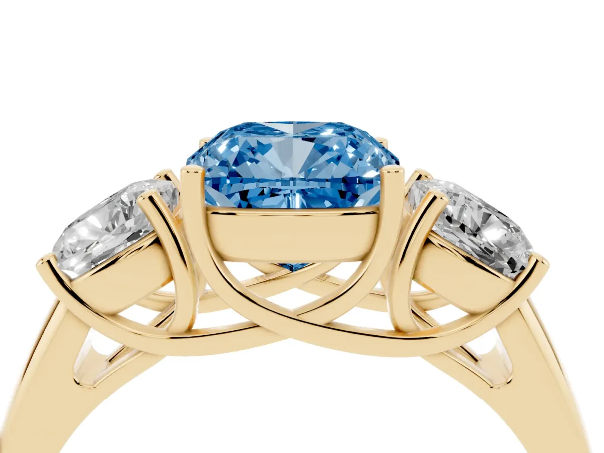 Fancy Blue Three-Stone Cushion Cut Diamond Engagement Ring with Prong Setting Yellow gold