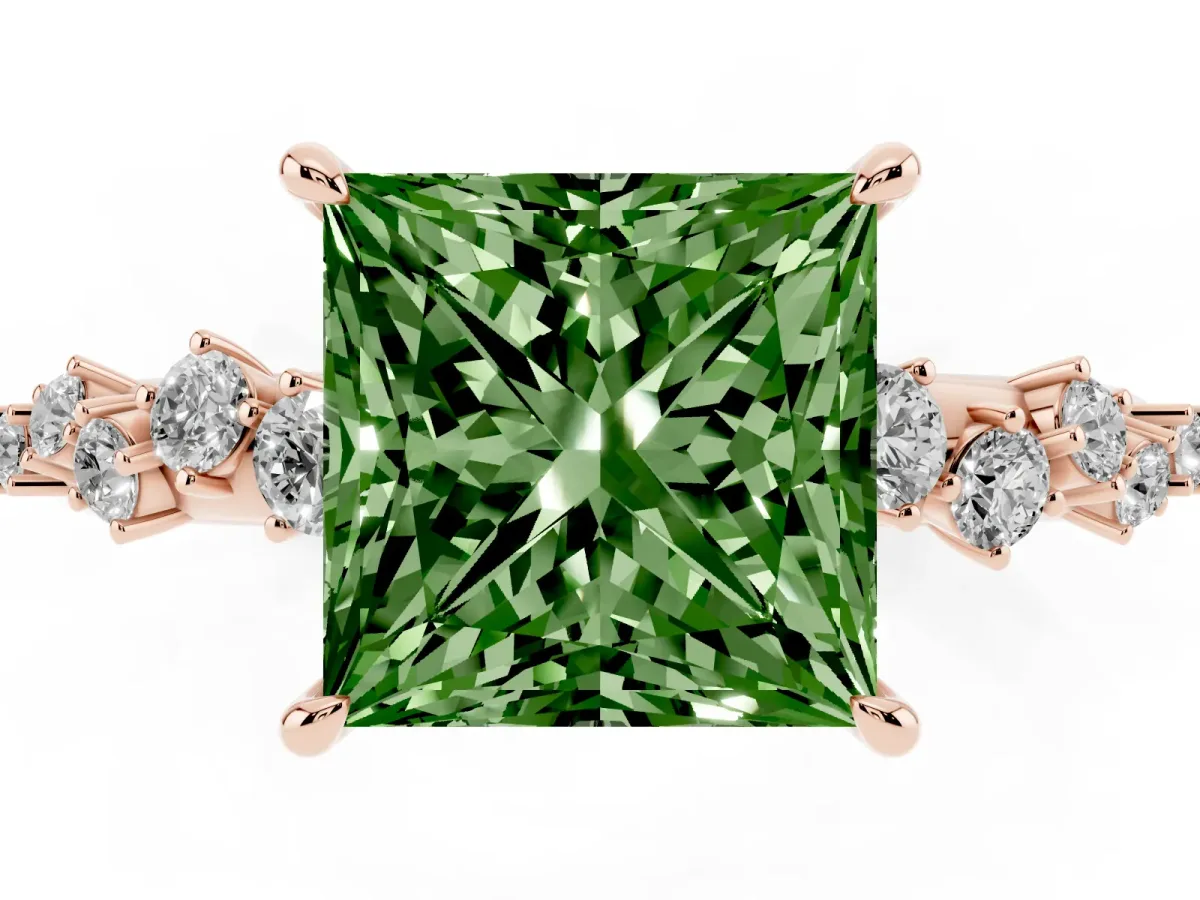 Fancy Green Princess Cut Diamond Cluster Side Stone Solitaire Ring with Prong Setting Rose gold