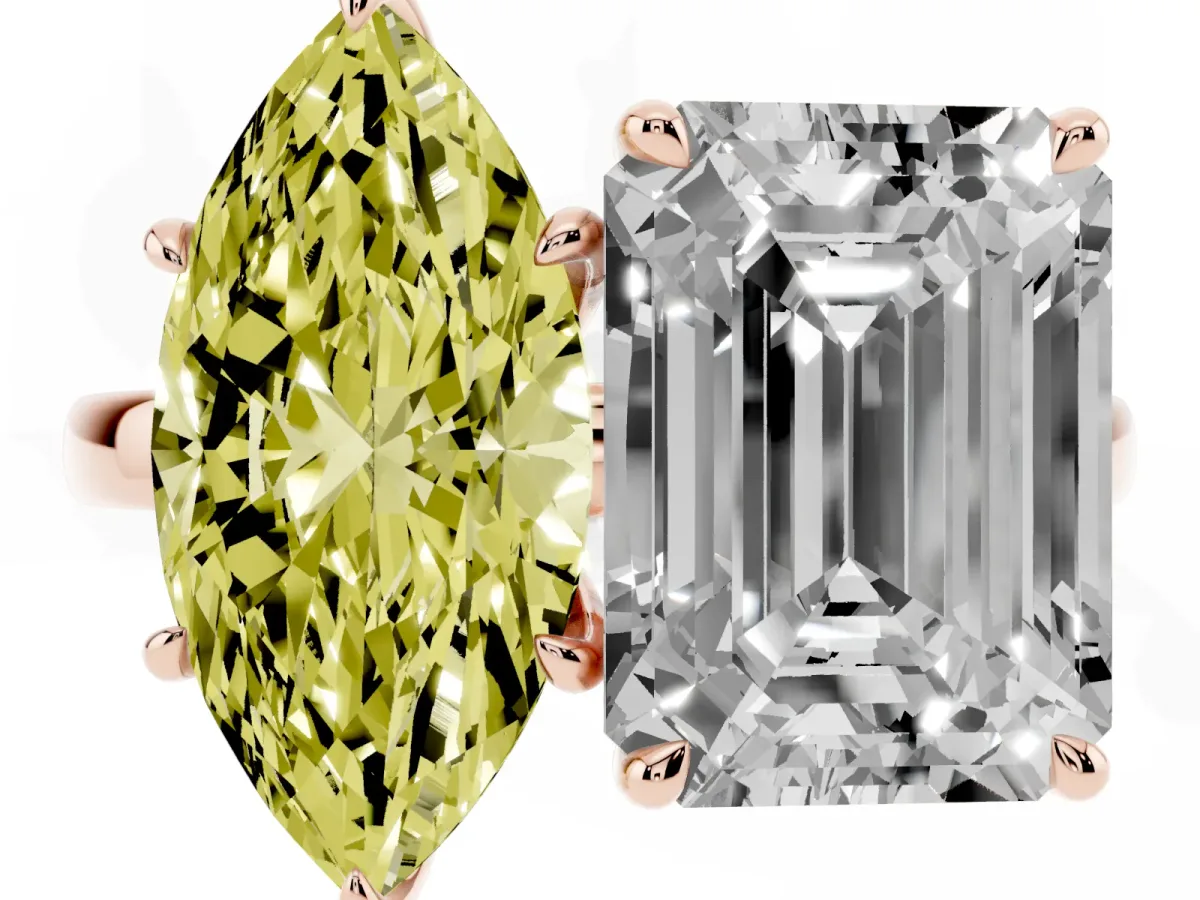 Fancy Yellow Marquise Cut and Emerald Cut Toi Moi Ring with Prong Setting Rose gold