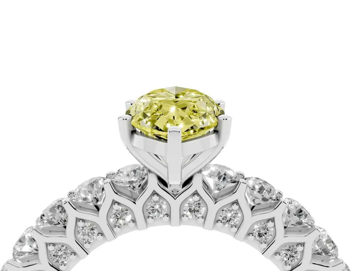 Fancy Yellow Marquise Cut Diamond Solitaire Ring with Shared Prong Pavé Band and Four-Prong Setting Silver