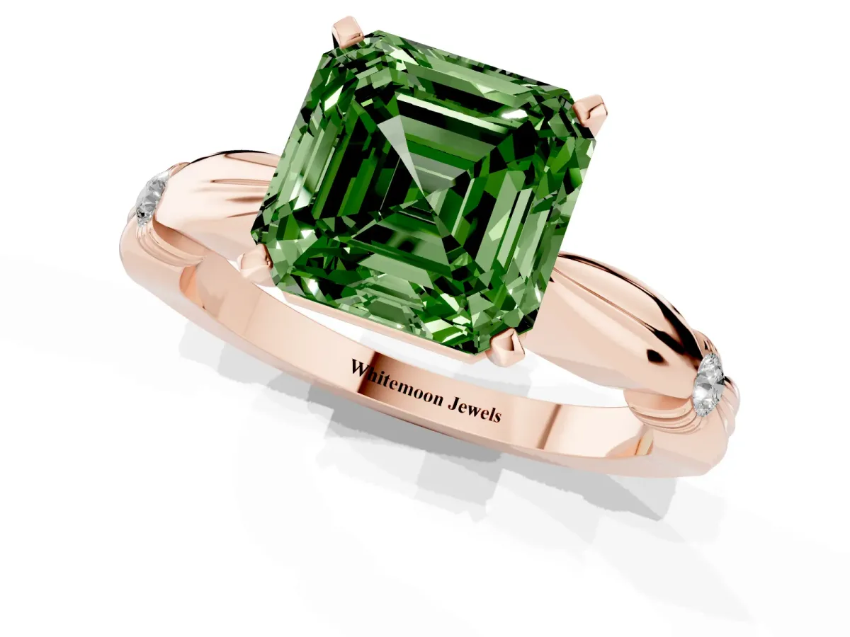 Fancy Green Asscher Cut Solitaire Diamond Twisted Band with Four-Prong Setting Rose gold