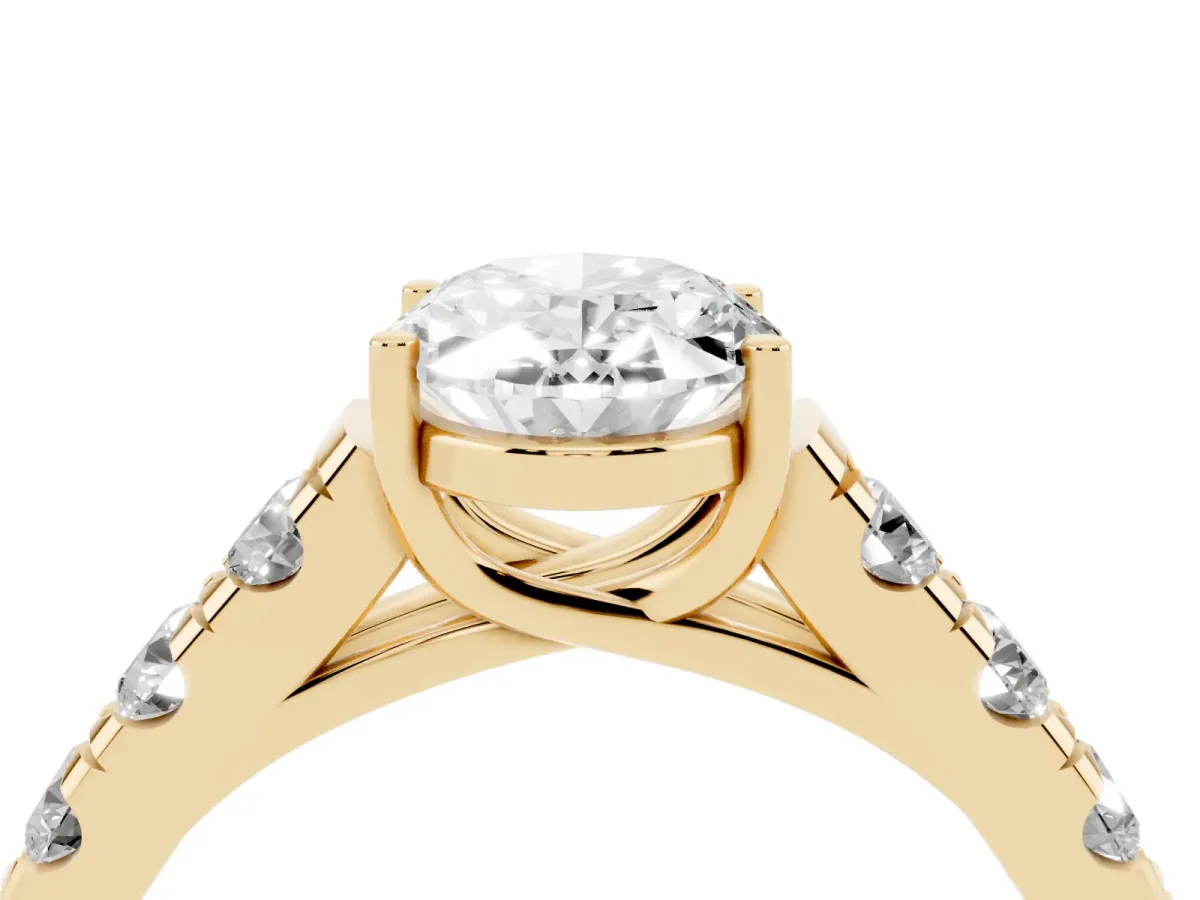 Oval Cut Cut Diamond Solitaire Ring with Micro Pave Band and Prong Setting Yellow gold
