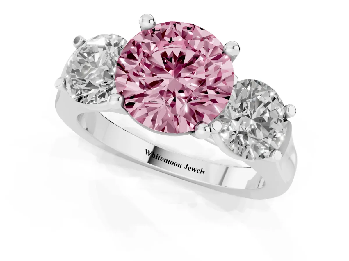 Fancy Pink Three-Stone Round Cut Brilliant Diamond Trellis Ring with Comfort Fit Band Silver