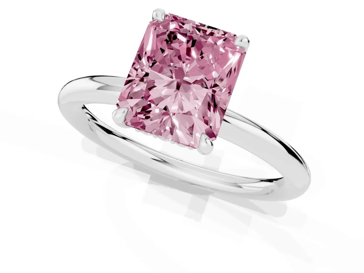 Fancy Pink Radiant Cut Diamond Solitaire Ring with Thin Band and Four-Prong Setting Silver