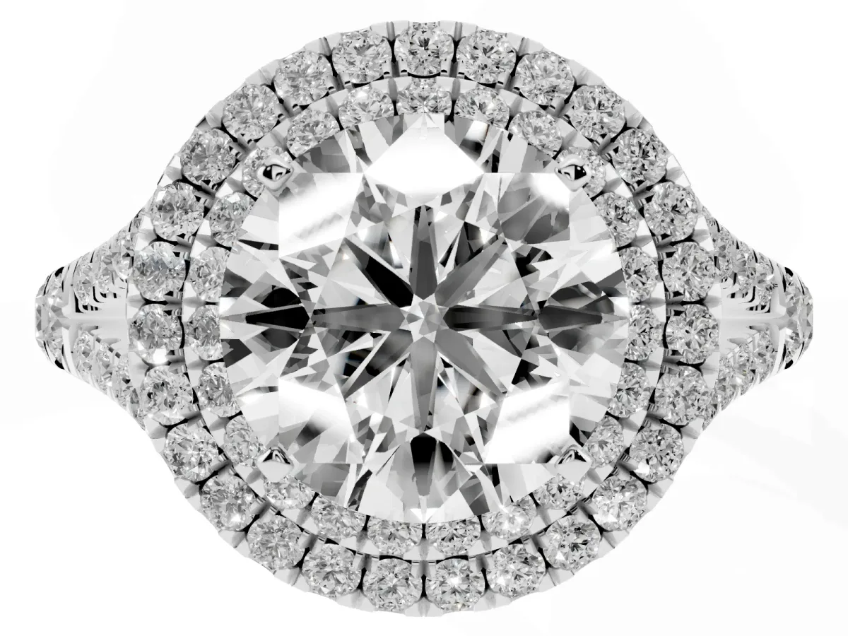 Round Cut Diamond Pavé Split Shank Double Halo Engagement Ring Platinum