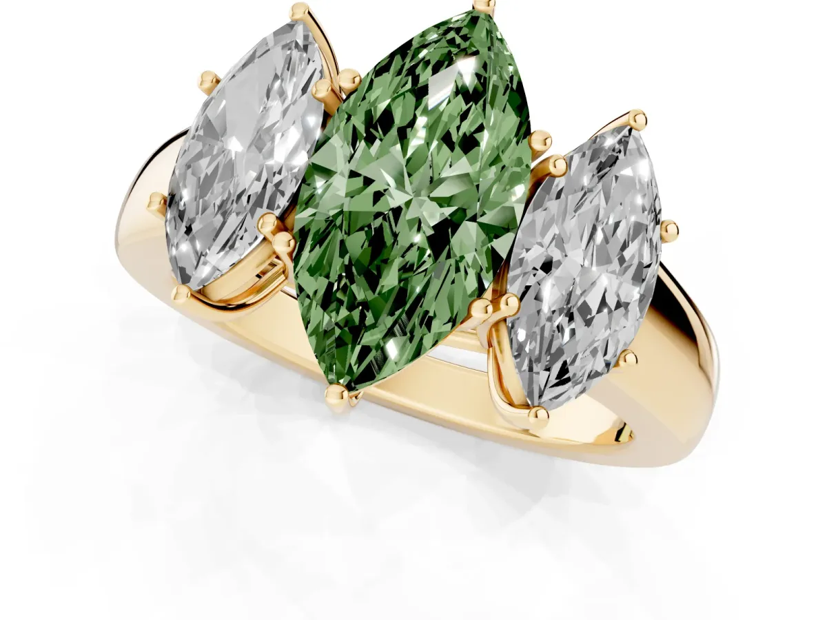 Fancy Green Three-Stone Marquise Cut Cut Diamond Ring with Prong Setting and Classic Band Yellow gold