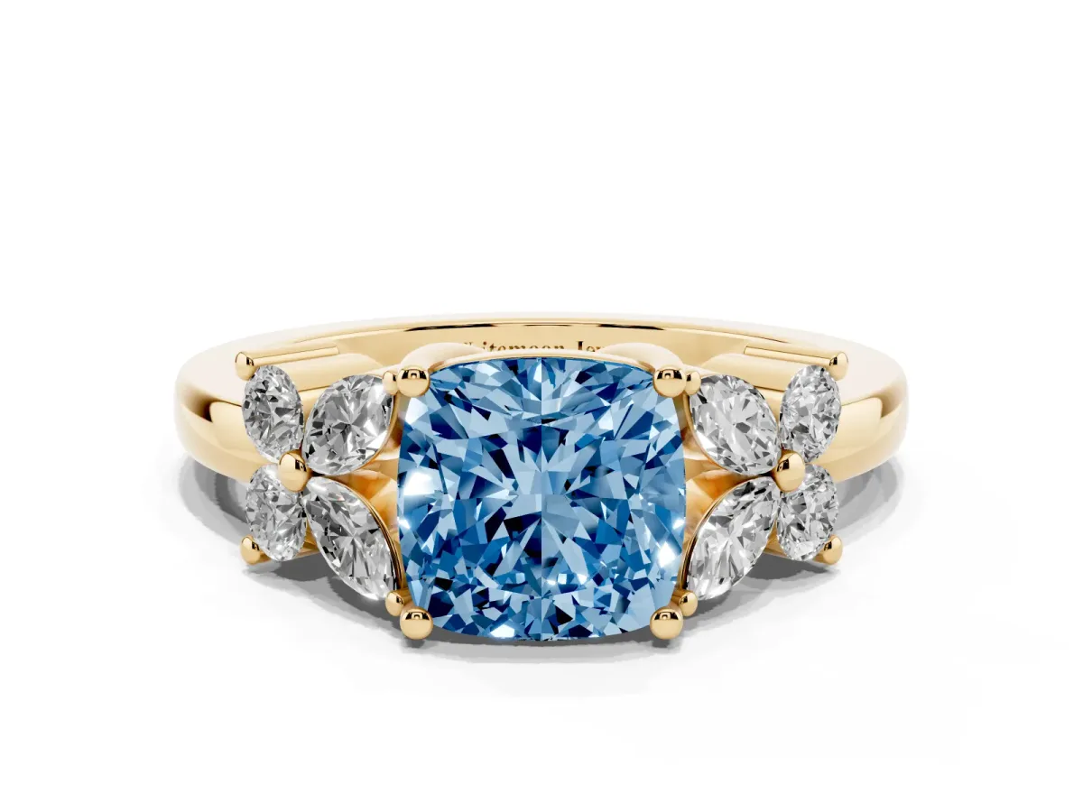Fancy Blue Cushion Cut Diamond Floral Cluster Ring with Solitaire Band and Prong Setting Yellow gold