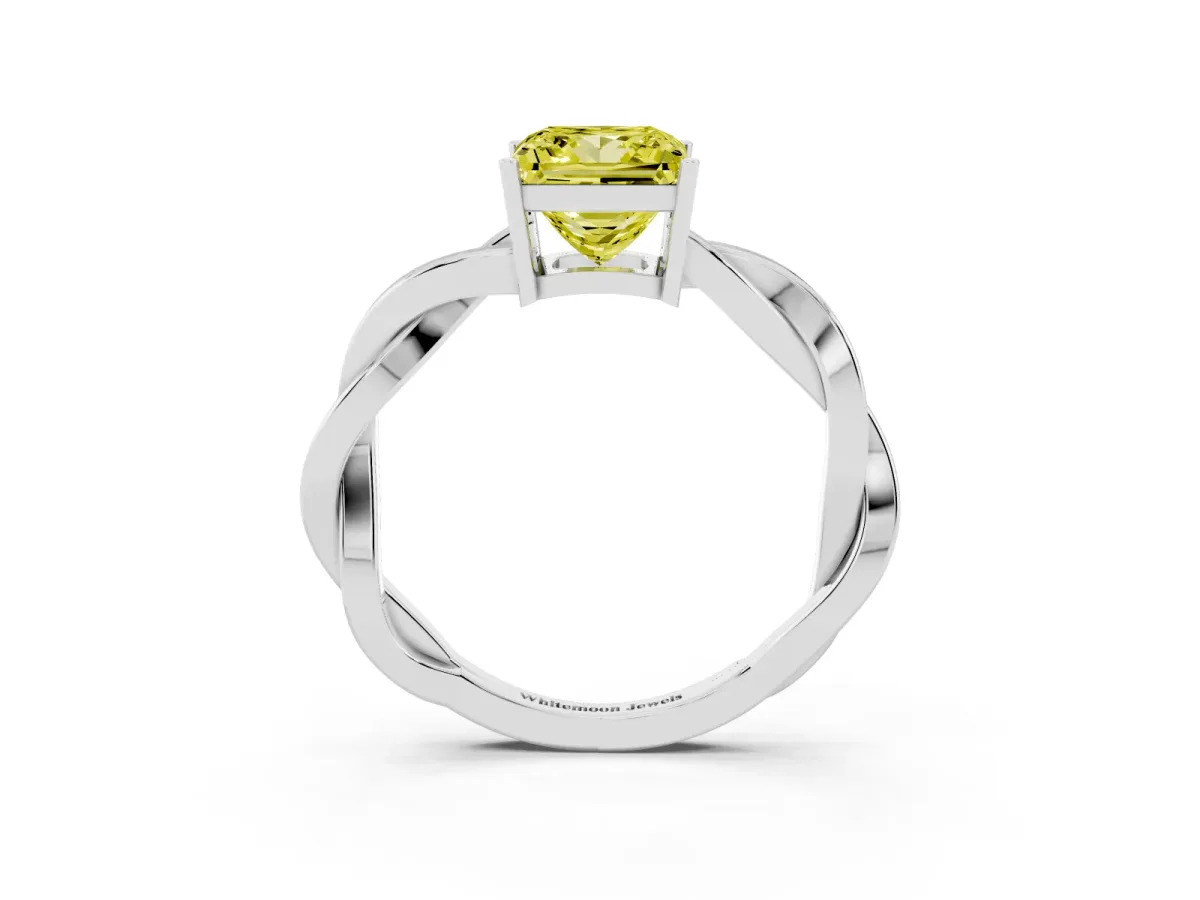 Fancy Yellow Princess Cut Solitaire Twisted Pave Diamond Ring with Four-Prong Setting Silver