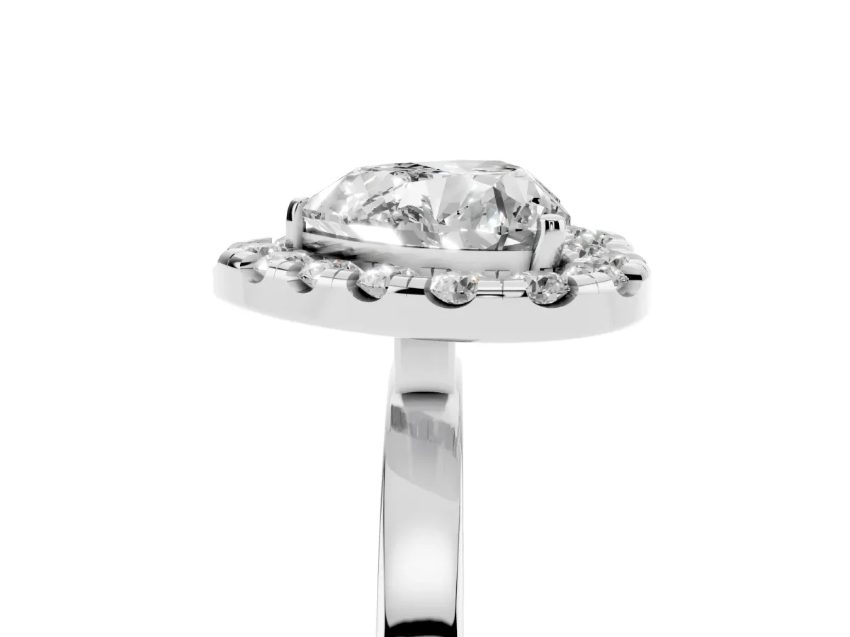 Heart Cut Halo Diamond Solitaire with Pavé Band and Four-Prong Setting Platinum