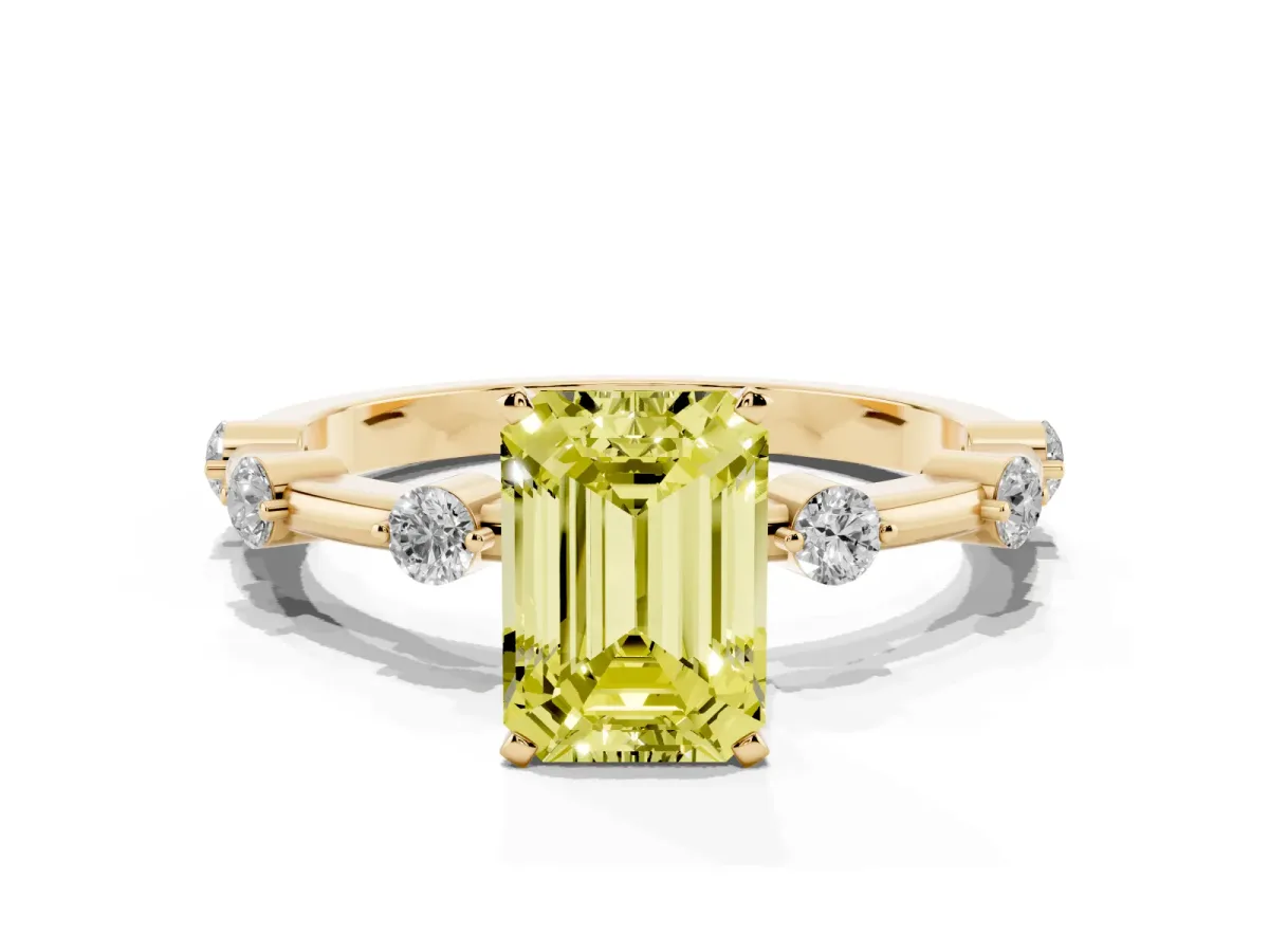 Fancy Yellow Emerald Cut Solitaire Diamond Ring with Bezel Set Side Stones and Prong Setting Yellow gold