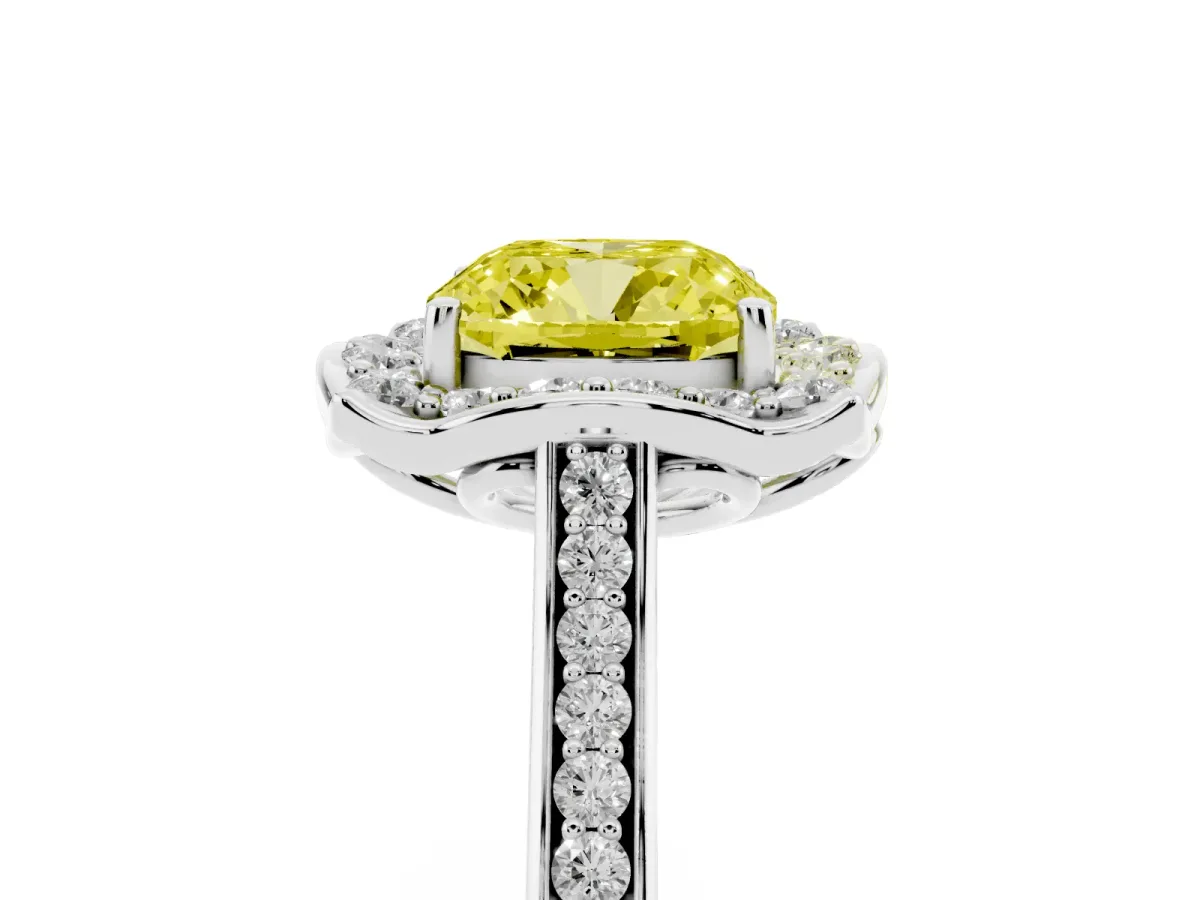 Fancy Yellow Cushion Cut Halo Round Diamond Pave Band with Four-Prong Setting Silver
