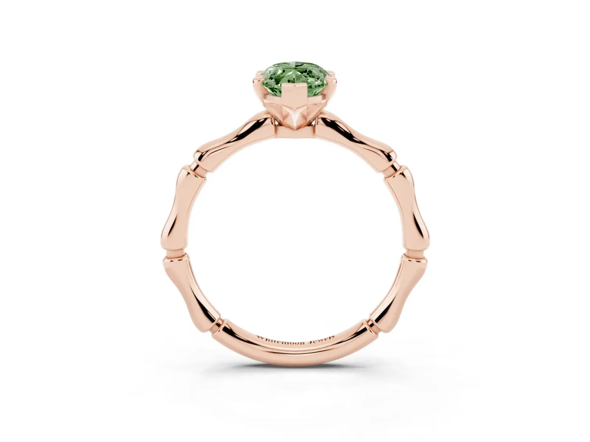 Fancy Green Marquise Cut Solitaire Diamond Ring with Bamboo Band and Four-Prong Setting Rose gold