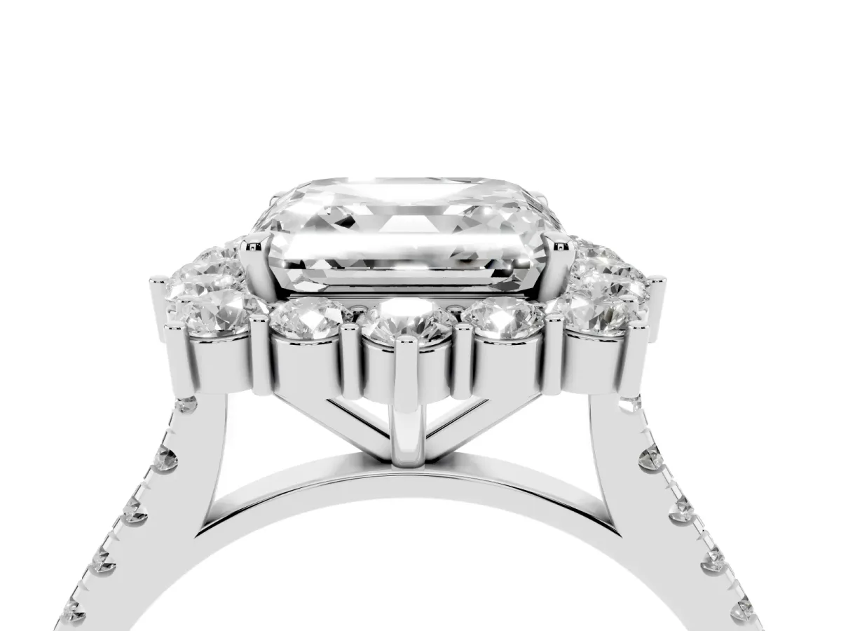 Asscher Cut Halo Diamond Ring with Pavé Band and Prong Setting Silver