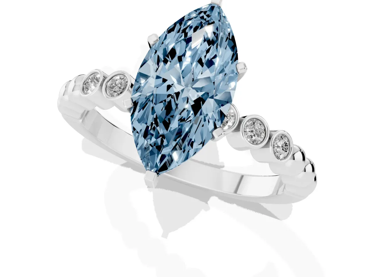 Fancy Blue Marquise Cut Solitaire Bezel Accent Diamond Engagement Ring with Beaded Band and Four-Prong Setting Platinum