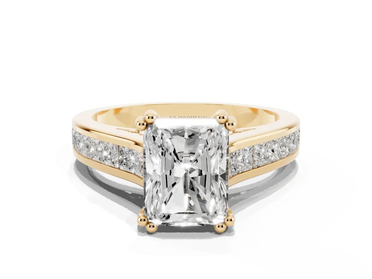 Radiant Cut Cut Channel Set Solitaire Engagement Ring with Prong Setting Yellow gold