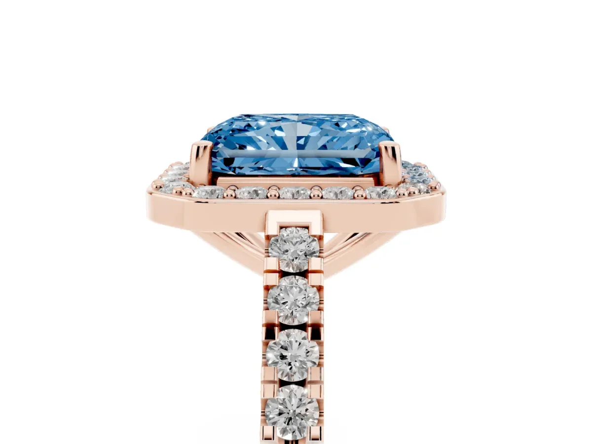 Fancy Blue Radiant Cut Diamond Halo Ring with Round Pavé Split Shank and Prong Setting Rose gold