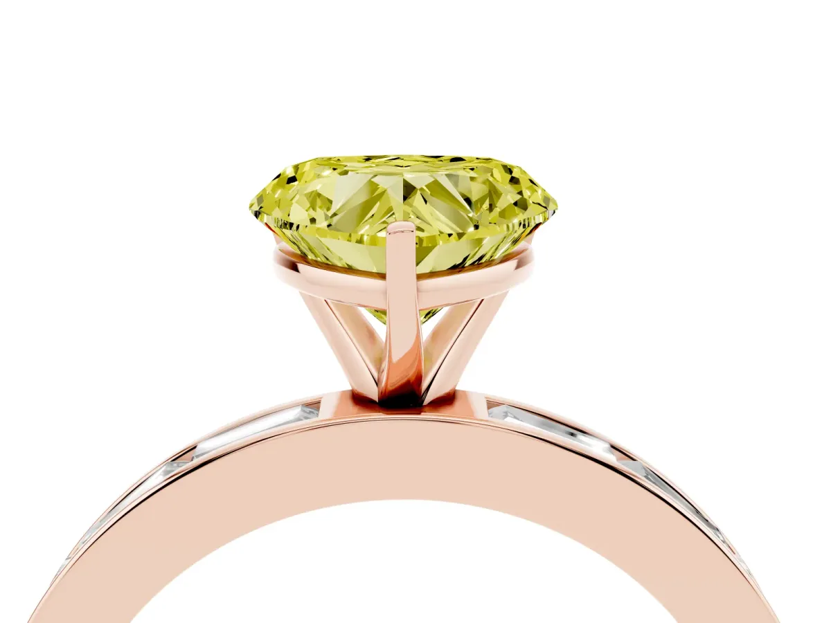 Fancy Yellow Heart Cut Solitaire Diamond Ring with Channel-Set Baguette Band and Four-Prong Setting Rose gold