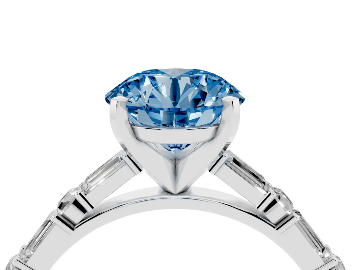 Fancy Blue Round Cut Diamond Solitaire with Side Baguettes and Channel Set Band White gold