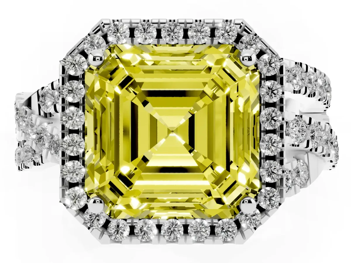 Fancy Yellow Asscher Cut Diamond Halo Ring with Round Split Shank and Prong Setting Silver